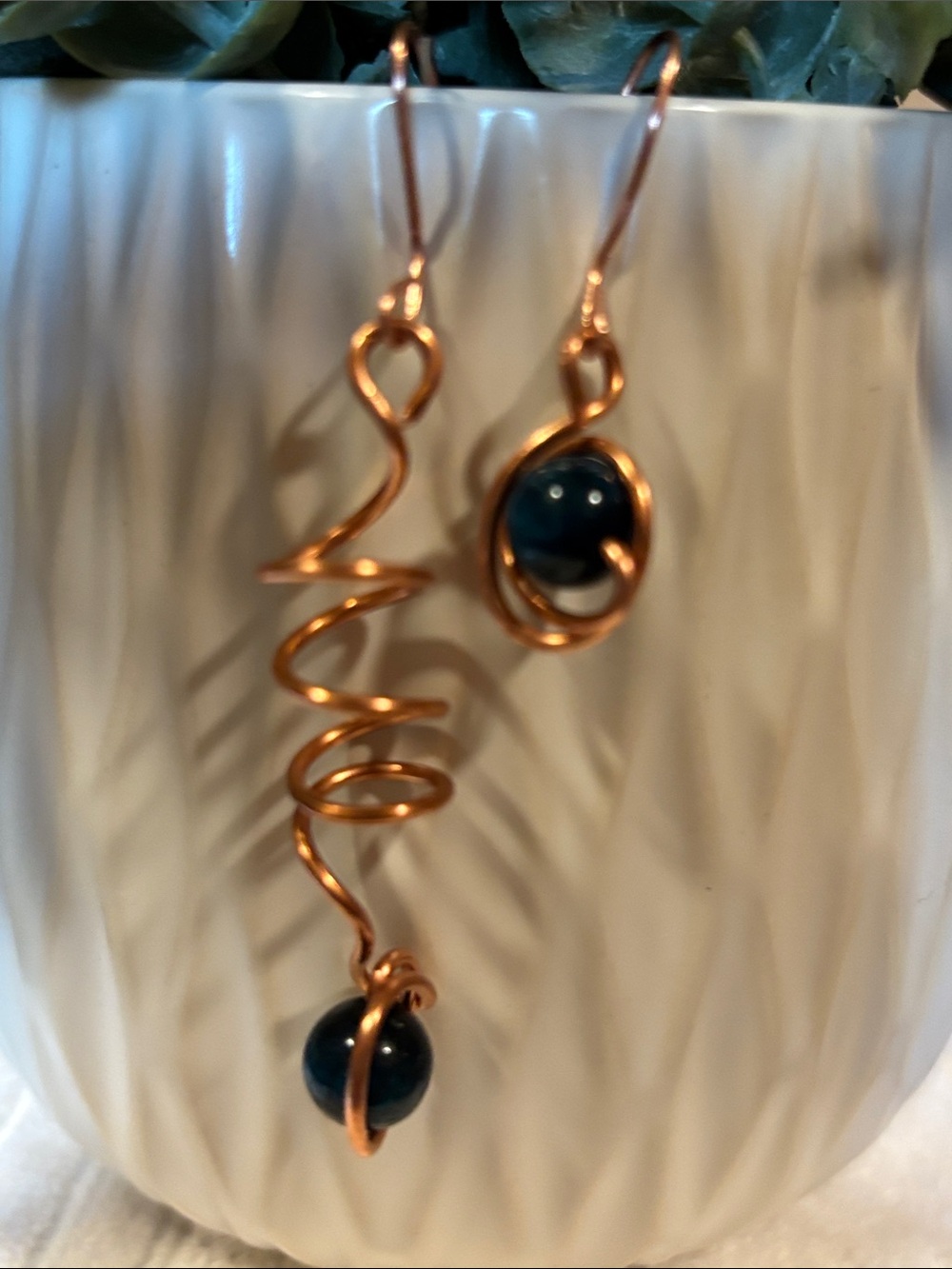 Handcrafted Copper Spiral Drop Earrings with Black/Blue Beads #S32
